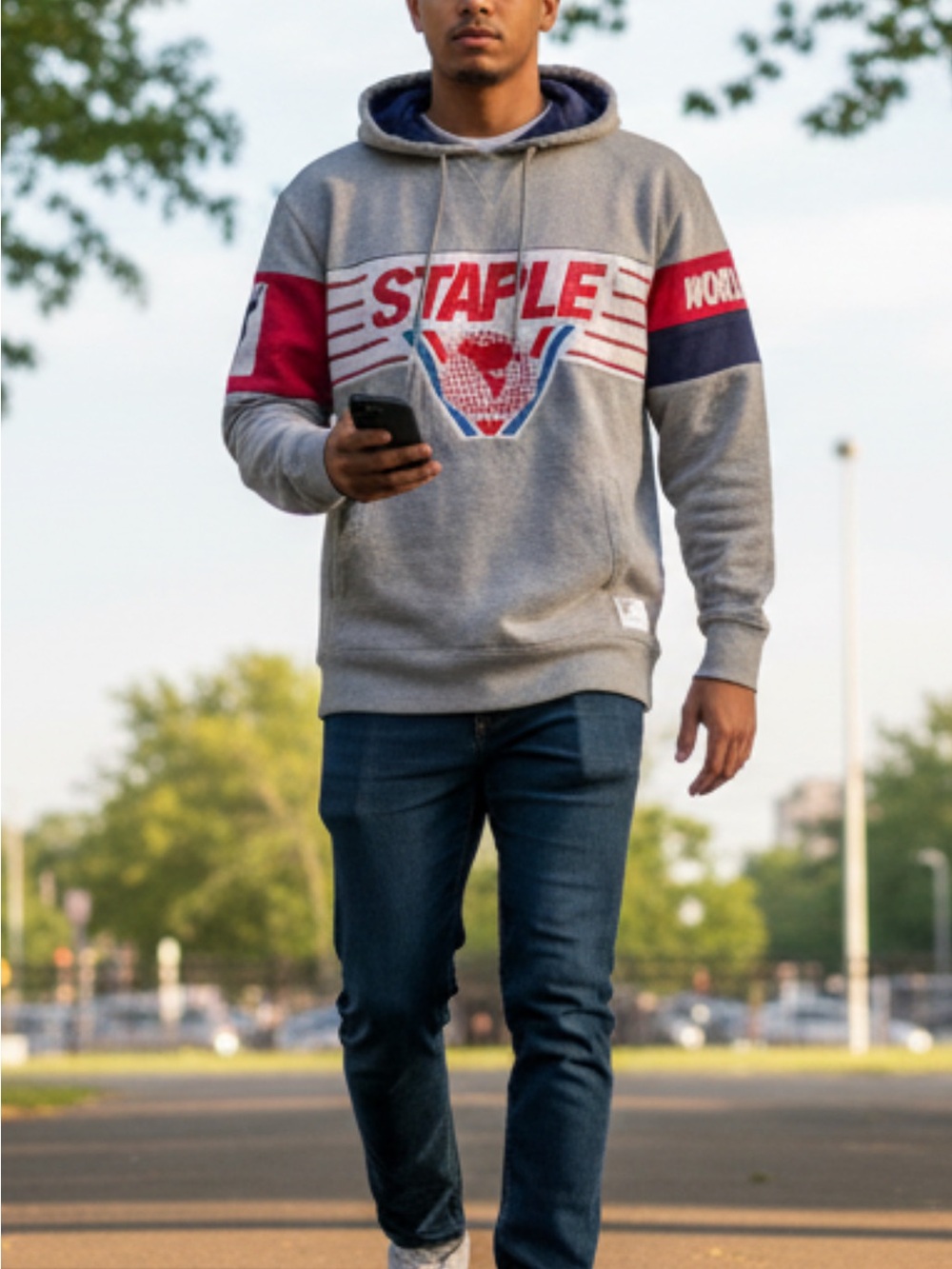 Staple Grey Hoodie with Red & Navy Accents size L.